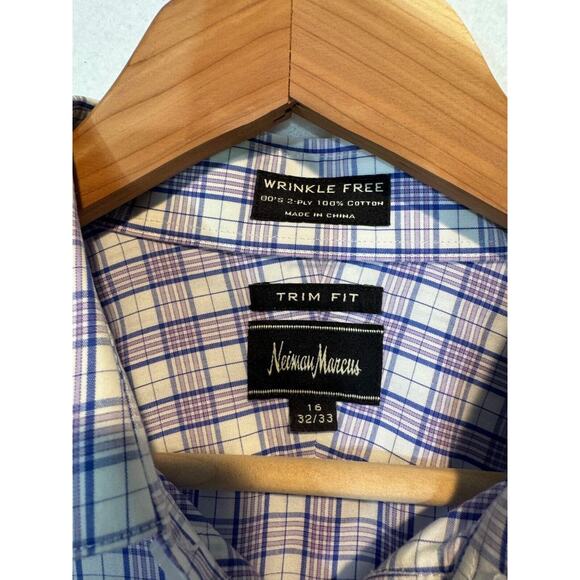 Neiman Marcus Mens Medium Purple Plaid Trim Fit Cotton Button Up Shirt 16 32/33 - Picture 5 of 12